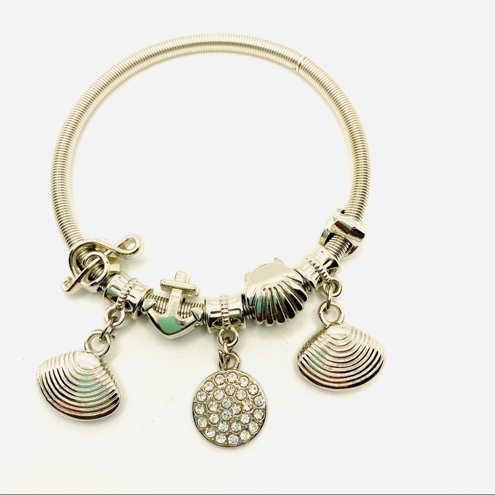 Bracelet Crystals and Shells and Anchor on Wire in silver tone. WON’T TARNISH